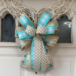 Spring Truck Bow,  Easter Bow for Wreath, Lantern Bow Decoration, Teal and Natural Spring Bow, Teal and Polka Dot Bow