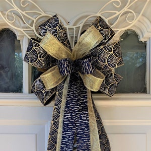 Blue and Gold Christmas Tree Bow for Wreath, Lantern Bow Decoration, Navy and Gold Christmas Bow