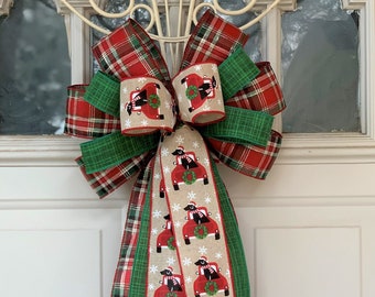 Red Truck Christmas Bow with Dog for Wreath, Dog Lantern Bow Decoration, Buffalo Plaid Burlap Bow