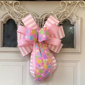 Easter Bunny Bow,  Easter Bow for Wreath, Lantern Bow Decoration, Pink Stripe Spring Bow, Pink Easter Egg Ribbon