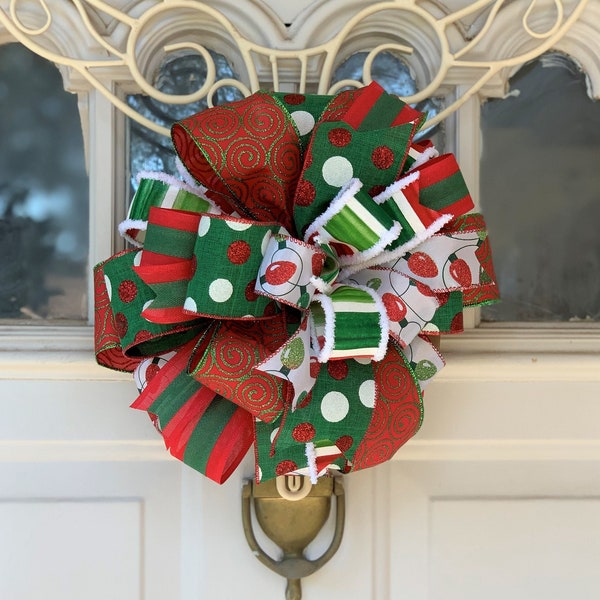 Red and Green Whimsical Christmas Bow for Wreath, Holiday Lantern Bow Decoration, Polka Dot Christmas Bow