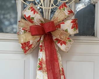 Poinsettia Bow, Red and Gold Floral Christmas Tree Bow for Wreath, Christmas Flower Lantern Bow Decoration