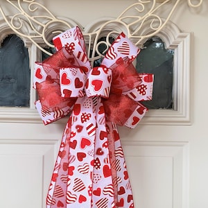 Valentine Wreath Bow, Red and White Hearts Bow for Wreath, Lantern Bow Decoration