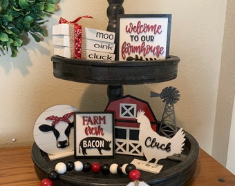 Farmhouse Tiered Tray Decor, Farmhouse Shelf Sitters, 3D Farmhouse Decorations, Red Barn, Cow Pig Chicken Decor