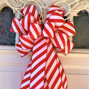 Candy Cane Bow, Red and White Striped Christmas Tree Bow for Wreath, Lantern Bow Decoration