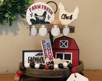 Farmhouse Tiered Tray Decor, Chicken Farmhouse Shelf Sitters, 3D Farmhouse Decorations, Red Barn, Roster Decor