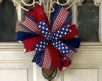 4th of July Bow, Memorial Day Patriotic Bow for Wreath, Red White and Blue Lantern Bow Decoration, Independence Day Bow