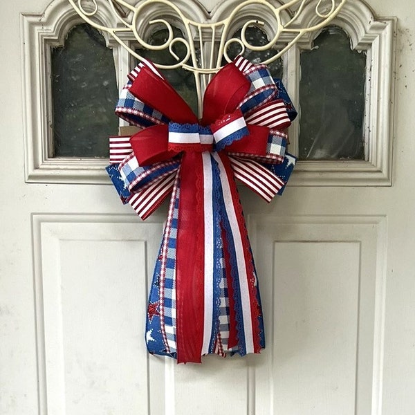 4th of July Bow,  Memorial Day Patriotic Bow for Wreath, 4th of July Lantern Bow Decoration, Independence Day Bow, Star Ribbon Bow