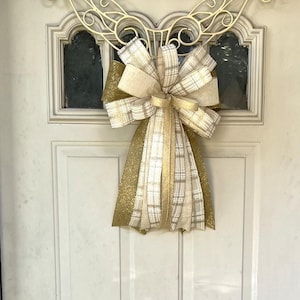 Gold Plaid Christmas Bow, Elegant Christmas Decor, Holiday Christmas Tree Topper, Winter Glitter Gold Decorations, Cream Glitter Ribbon Bow