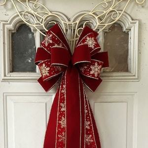 Scarlet Red Snowflake Velvet Christmas Tree Topper Bow, Lantern Bow Decoration, Scarlet Red Velvet Ribbon Bow
