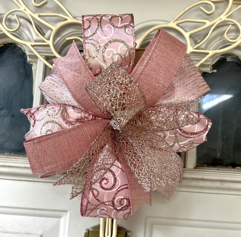 Rose Pink Christmas Tree Bow for Wreath, Lantern Bow Decoration, Rose Gold Bow with Christmas Tree, Valentine Bow Bow without Tails