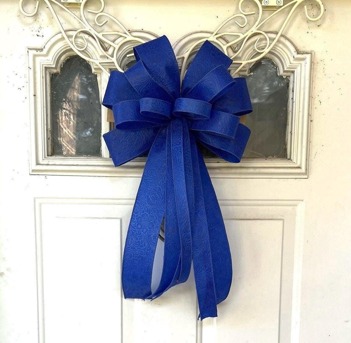 Royal Wreath Bow, Embossed Wreath Bow, Royal Blue Flower Bow for Tree Topper, Patriotic Lantern Bow Decoration, Embossed Flower Ribbon