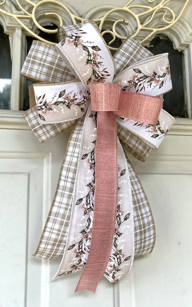 Spring Bow, Natural and Rose Pink Floral Bow, Farmhouse Wreath Bow ...