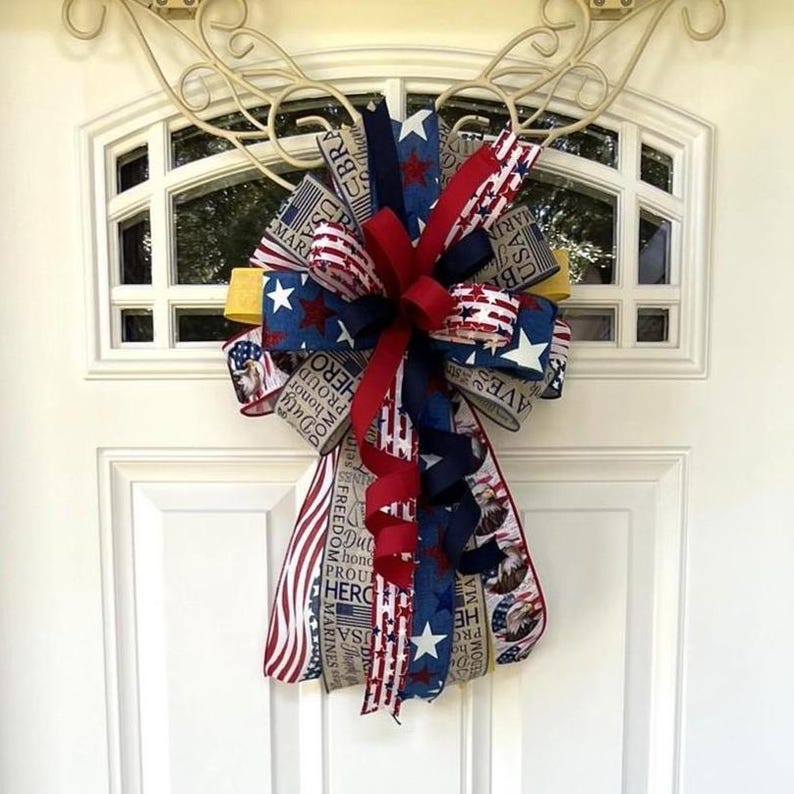 Marines Patriotic Bow, USMC Door Bow, Military Support Bow, Marine Corps Wreath Bow, Deployment Homecoming Decor, Red White Blue Bow image 1