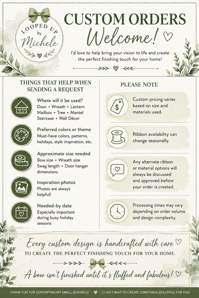 Op de afbeelding: Een informatieve flyer getiteld CUSTOM ORDERS Welcome! van Looped Up by Michele. Het bevat groene botanische illustraties en somt vereisten op voor aangepaste bestellingen, waaronder locatie, kleuren, maat, foto's en datums, plus opmerkingen over prijzen.