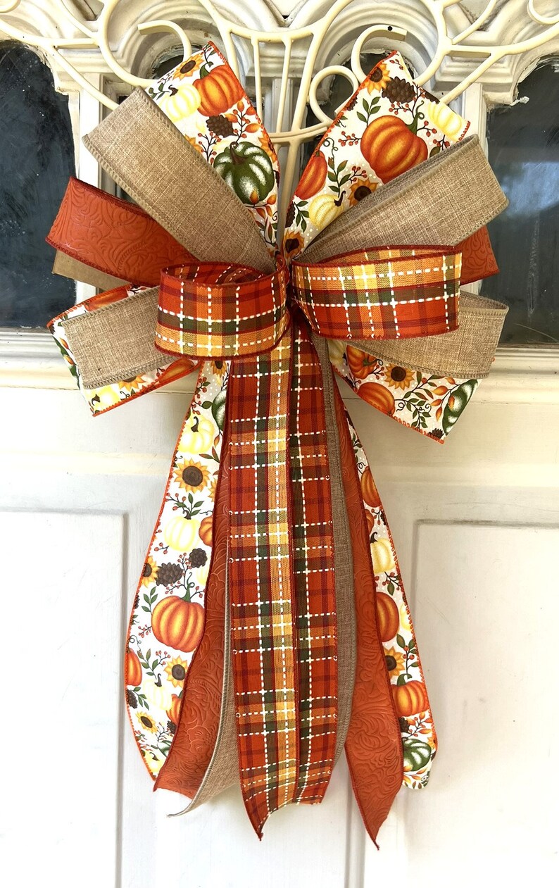 Rustic Fall Bow Fall Harvest Bow, Thanksgiving Bow for Wreath, Pumpkin Lantern Bow ...