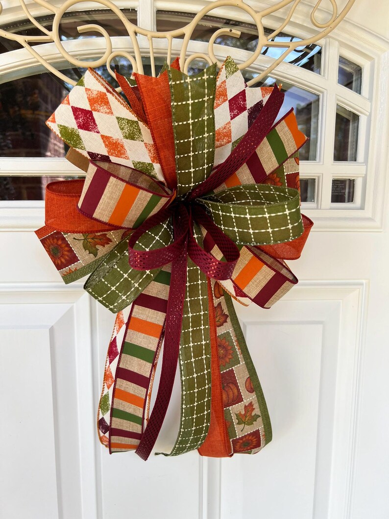 Rustic Fall Bow Fall Harvest Bow, Rustic Fall Door Bow, Harvest Colors Wreath Bow for ...