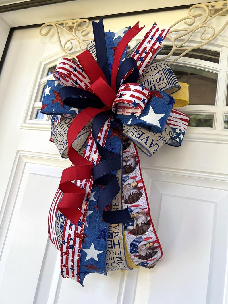 Marines Patriotic Bow, USMC Door Bow, Military Support Bow, Marine Corps Wreath Bow, Deployment Homecoming Decor, Red White Blue Bow image 10