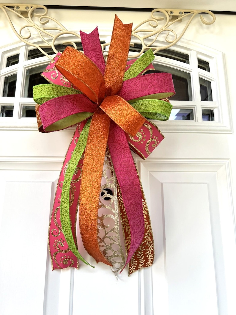 Door Ribbon Present Fall Door Bow, Hot Pink Lime Green Orange Gold Bow, Autumn Wreath ...