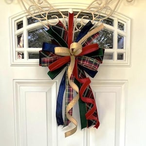 Red, Green & Blue Plaid Christmas Bow with Gold | Velvet and Glitter Holiday Door Hanger or Wreath Topper | Red and Green Plaid