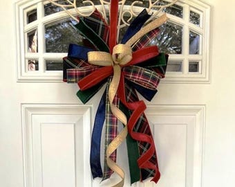 Red, Green & Blue Plaid Christmas Bow with Gold | Velvet and Glitter Holiday Door Hanger or Wreath Topper | Red and Green Plaid