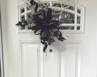 Spring Door Swag with Purple Velvet Bow | Floral Door Swag | Front Door Decor | Lantern Swag | Farmhouse Floral Decor