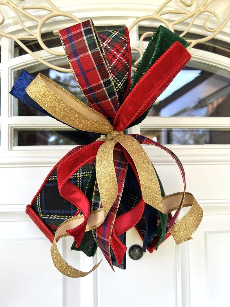 Red with Green Plaid Christmas Tree Bow for Wreath, Small Tartan Christmas Bow, Plaid Tree Topper Bow, Red Green Blue Gold Bow for Lantern bild 7