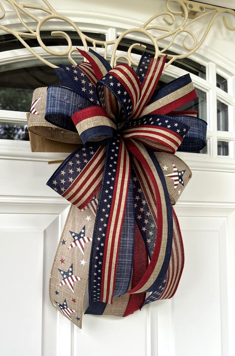 4th of July Bow, Memorial Day Patriotic Burlap Bow for Wreath, 4th of July Lantern Bow Decoration, Independence Day Bow image 5