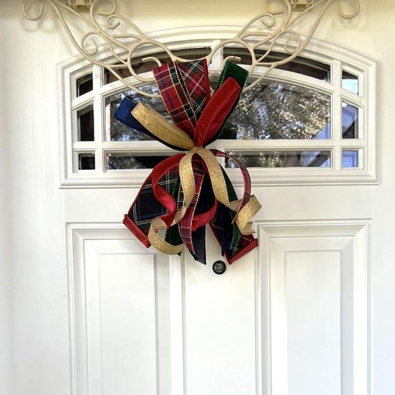 Red with Green Plaid Christmas Tree Bow for Wreath, Small Tartan Christmas Bow, Plaid Tree Topper Bow, Red Green Blue Gold Bow for Lantern