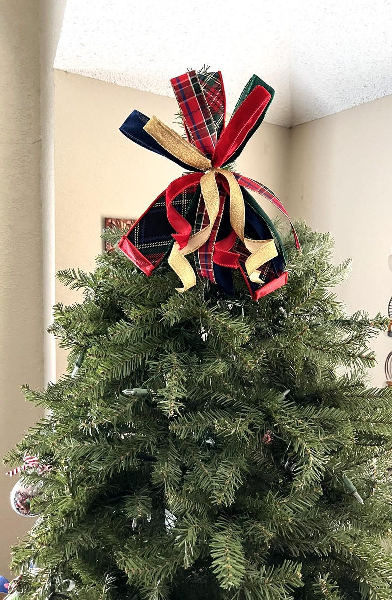 Red with Green Plaid Christmas Tree Bow for Wreath, Small Tartan Christmas Bow, Plaid Tree Topper Bow, Red Green Blue Gold Bow for Lantern bild 8