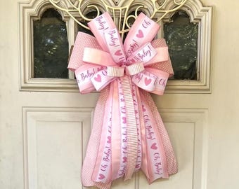 Pink Baby Girl Bow, Oh Baby Door Hanger, Gender Reveal Decoration, Baby Shower Welcome Sign, It's a Boy Announcement Bow