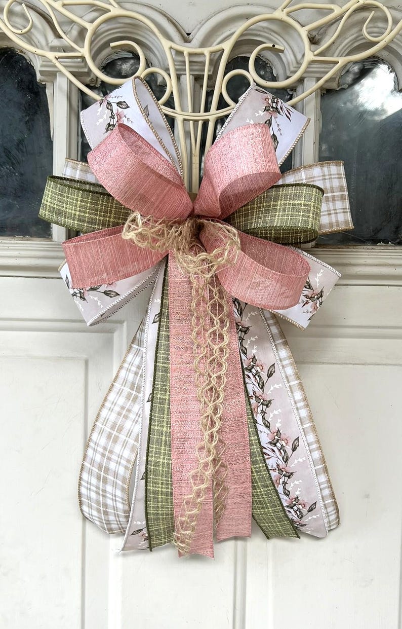 Spring Bow, Natural and Rose Pink Floral Bow, Farmhouse Wreath Bow ...