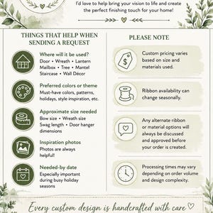 May include: An informational flyer titled CUSTOM ORDERS Welcome! from Looped Up by Michele. It features green botanical illustrations and lists requirements for custom requests, including location, colors, size, photos, and dates, plus notes on pricing.