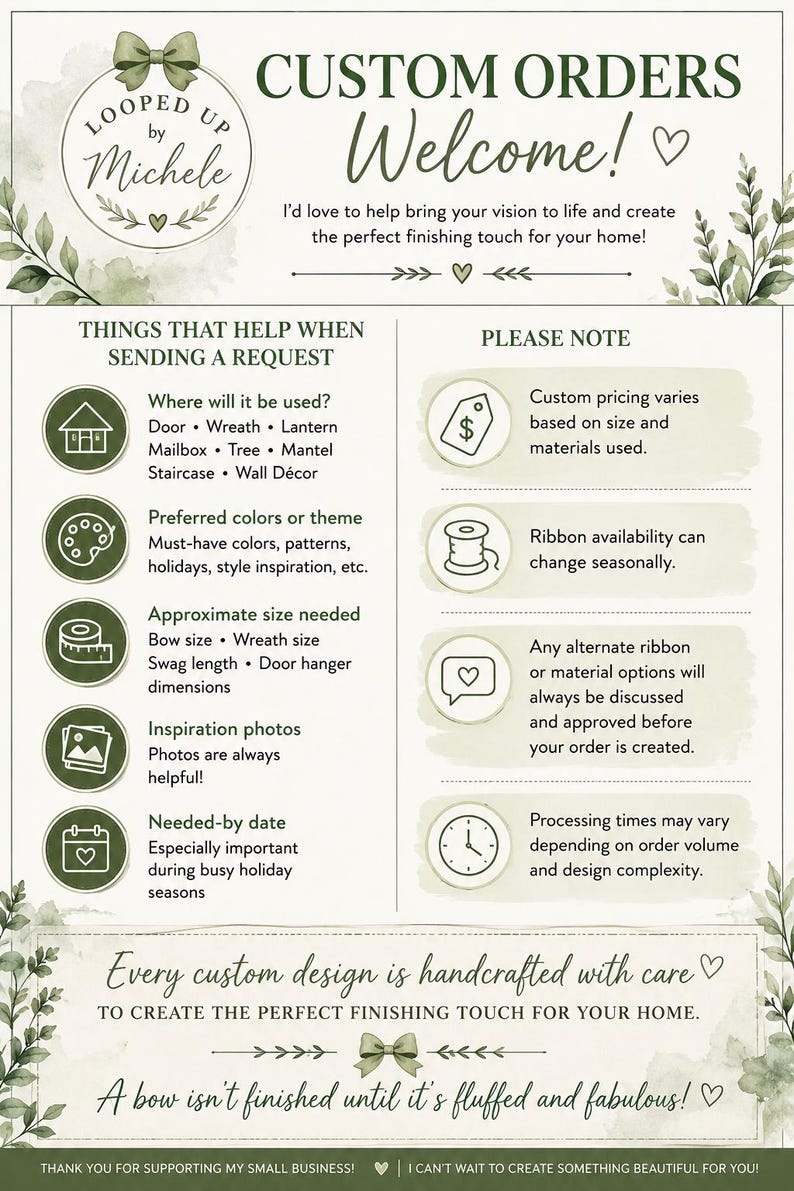 May include: An informational flyer titled CUSTOM ORDERS Welcome! from Looped Up by Michele. It features green botanical illustrations and lists requirements for custom requests, including location, colors, size, photos, and dates, plus notes on pricing.