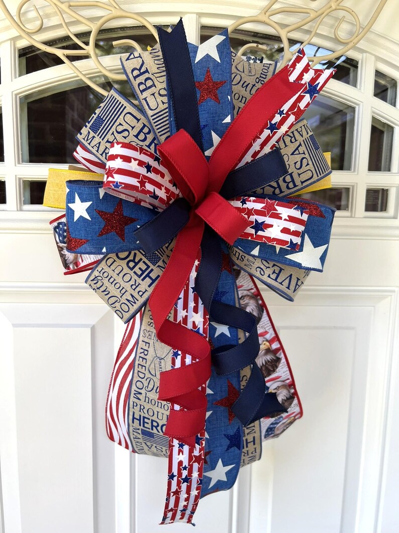 Marines Patriotic Bow, USMC Door Bow, Military Support Bow, Marine Corps Wreath Bow, Deployment Homecoming Decor, Red White Blue Bow image 8