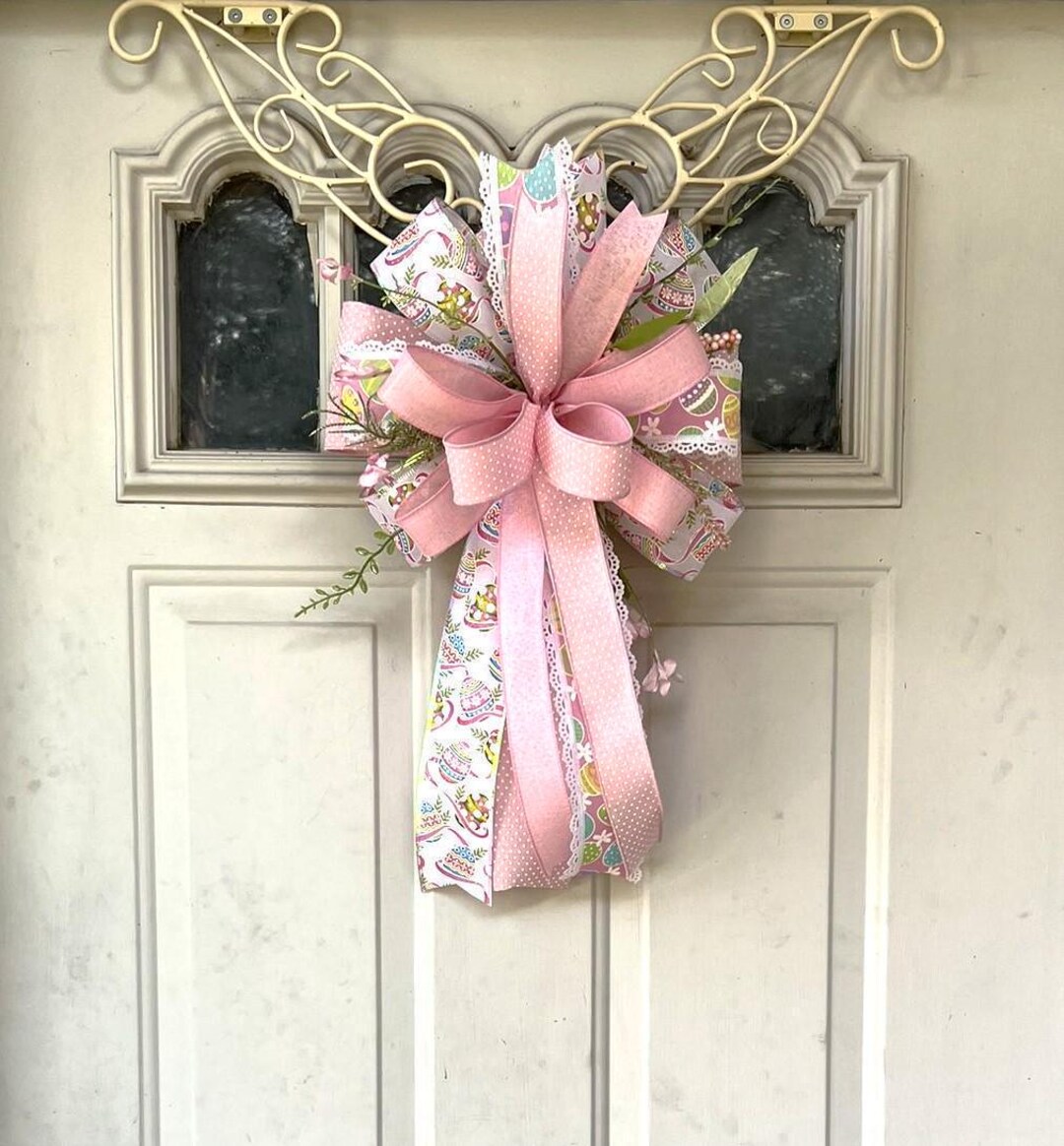 Spring Floral Bow, Easter Bow With Pink Eggs and Greenery, Spring ...