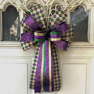Mardi Gras Wreath Bow, Mardi Gras Bow for Wreath, Lantern Bow Decoration, Diamond Check Ribbon Bow, Striped Mardi Gras Wreath