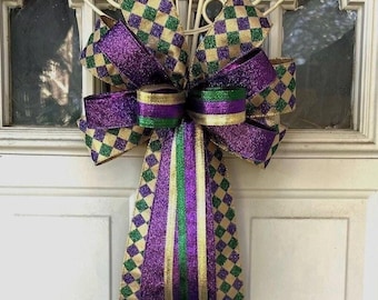 Lazo para corona de Mardi Gras, lazo para corona de Mardi Gras, lazo decorativo con farol, lazo de cinta con cuadros de diamantes, corona de Mardi Gras a rayas