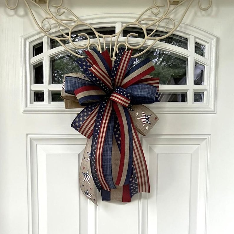 4th of July Bow, Memorial Day Patriotic Burlap Bow for Wreath, 4th of July Lantern Bow Decoration, Independence Day Bow image 1
