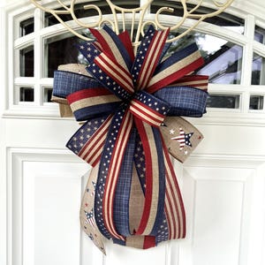 4th of July Bow, Memorial Day Patriotic Burlap Bow for Wreath, 4th of July Lantern Bow Decoration, Independence Day Bow image 2