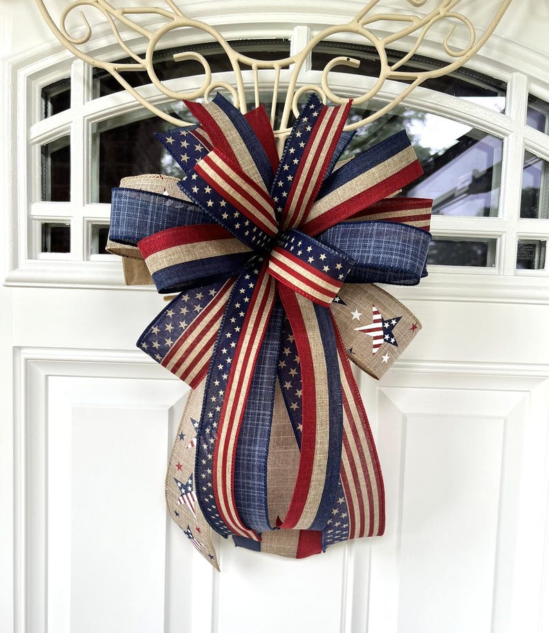 4th of July Bow, Memorial Day Patriotic Burlap Bow for Wreath, 4th of July Lantern Bow Decoration, Independence Day Bow image 2