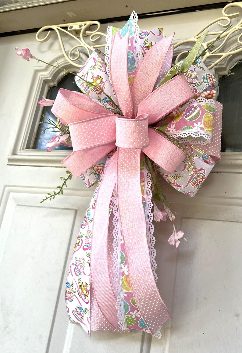 Spring Floral Bow, Easter Bow With Pink Eggs and Greenery, Spring ...