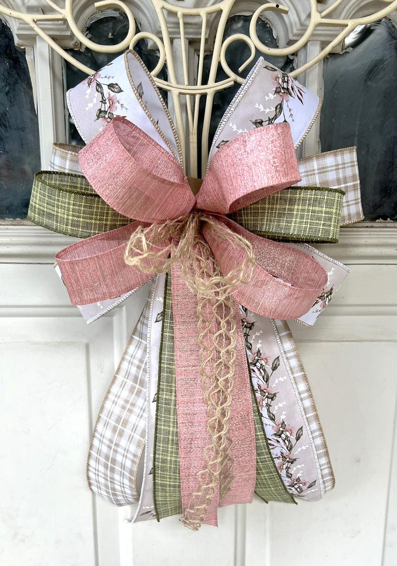 Spring Bow, Natural and Rose Pink Floral Bow, Farmhouse Wreath Bow ...