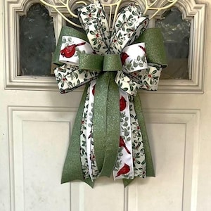 Sage Green Christmas Bow with Cardinal and Mistletoe, Large Holiday Wreath Bow, Outdoor Decor, Handmade Door Bow, Winter Ribbon Decoration