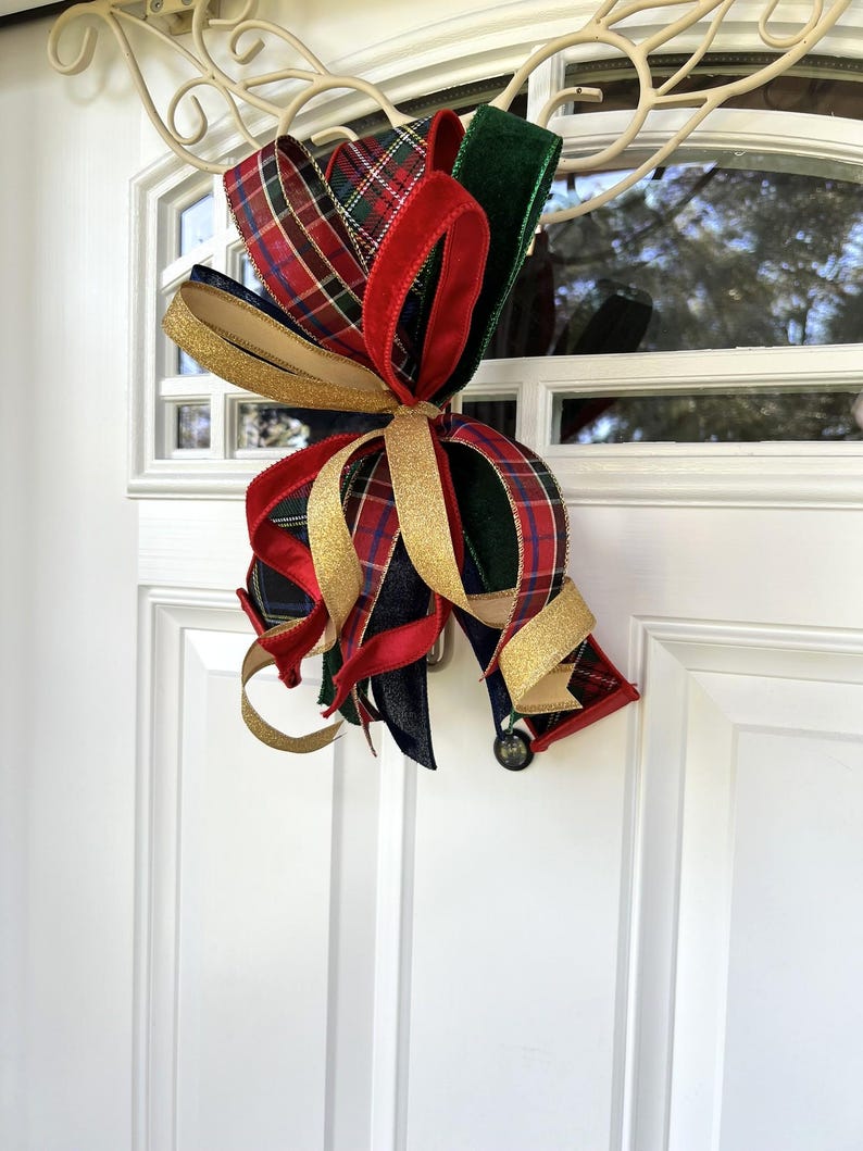 Red with Green Plaid Christmas Tree Bow for Wreath, Small Tartan Christmas Bow, Plaid Tree Topper Bow, Red Green Blue Gold Bow for Lantern bild 6