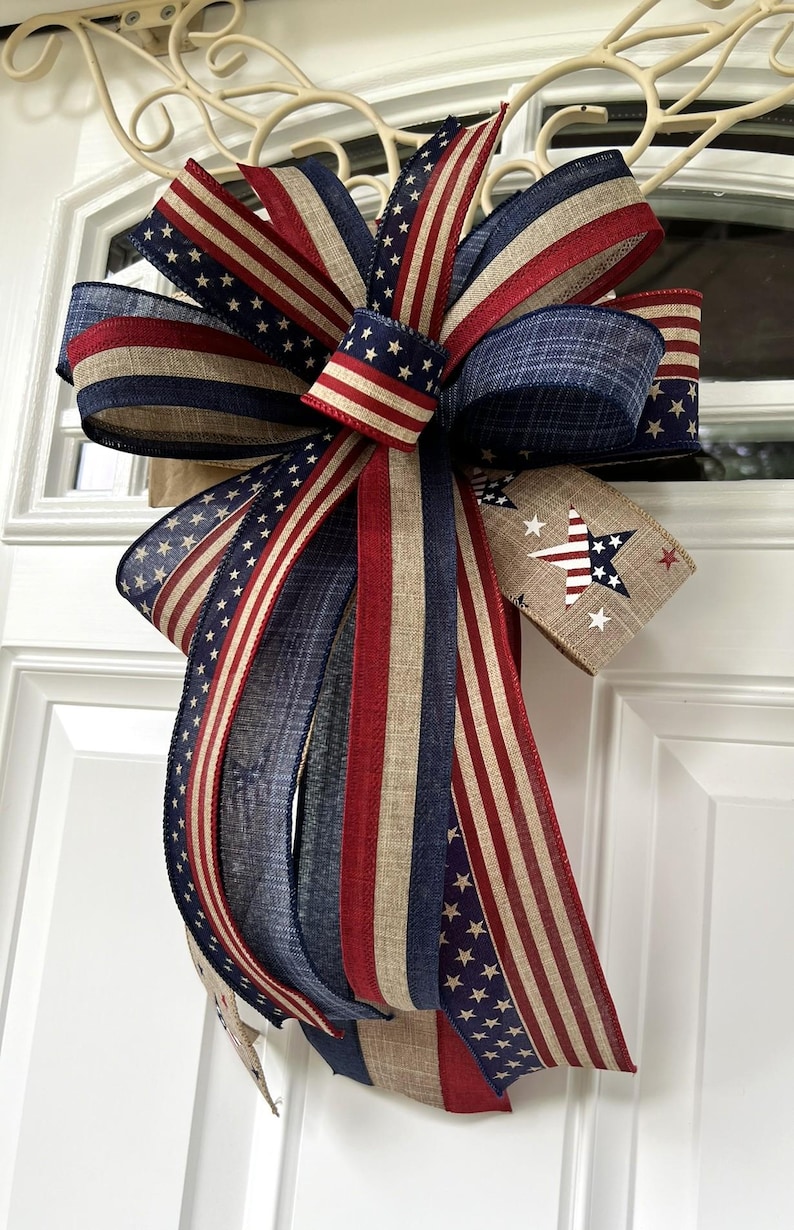 4th of July Bow, Memorial Day Patriotic Burlap Bow for Wreath, 4th of July Lantern Bow Decoration, Independence Day Bow image 9