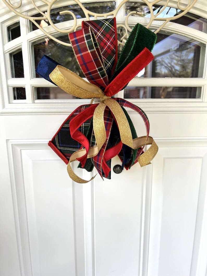 Red with Green Plaid Christmas Tree Bow for Wreath, Small Tartan Christmas Bow, Plaid Tree Topper Bow, Red Green Blue Gold Bow for Lantern bild 5