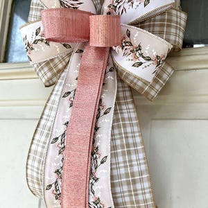 Spring Bow, Natural and Rose Pink Floral Bow, Farmhouse Wreath Bow ...