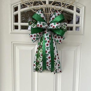 St Patrick&#39;s Day Wreath Bow, Shamrock Bow for Wreath, St Patricks Day Lantern Bow Decoration, Clover and Ladybugs Ribbon