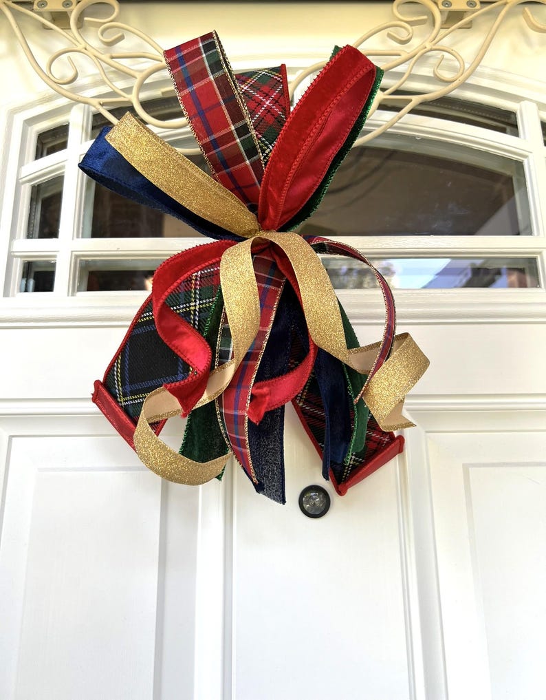 Red with Green Plaid Christmas Tree Bow for Wreath, Small Tartan Christmas Bow, Plaid Tree Topper Bow, Red Green Blue Gold Bow for Lantern bild 4
